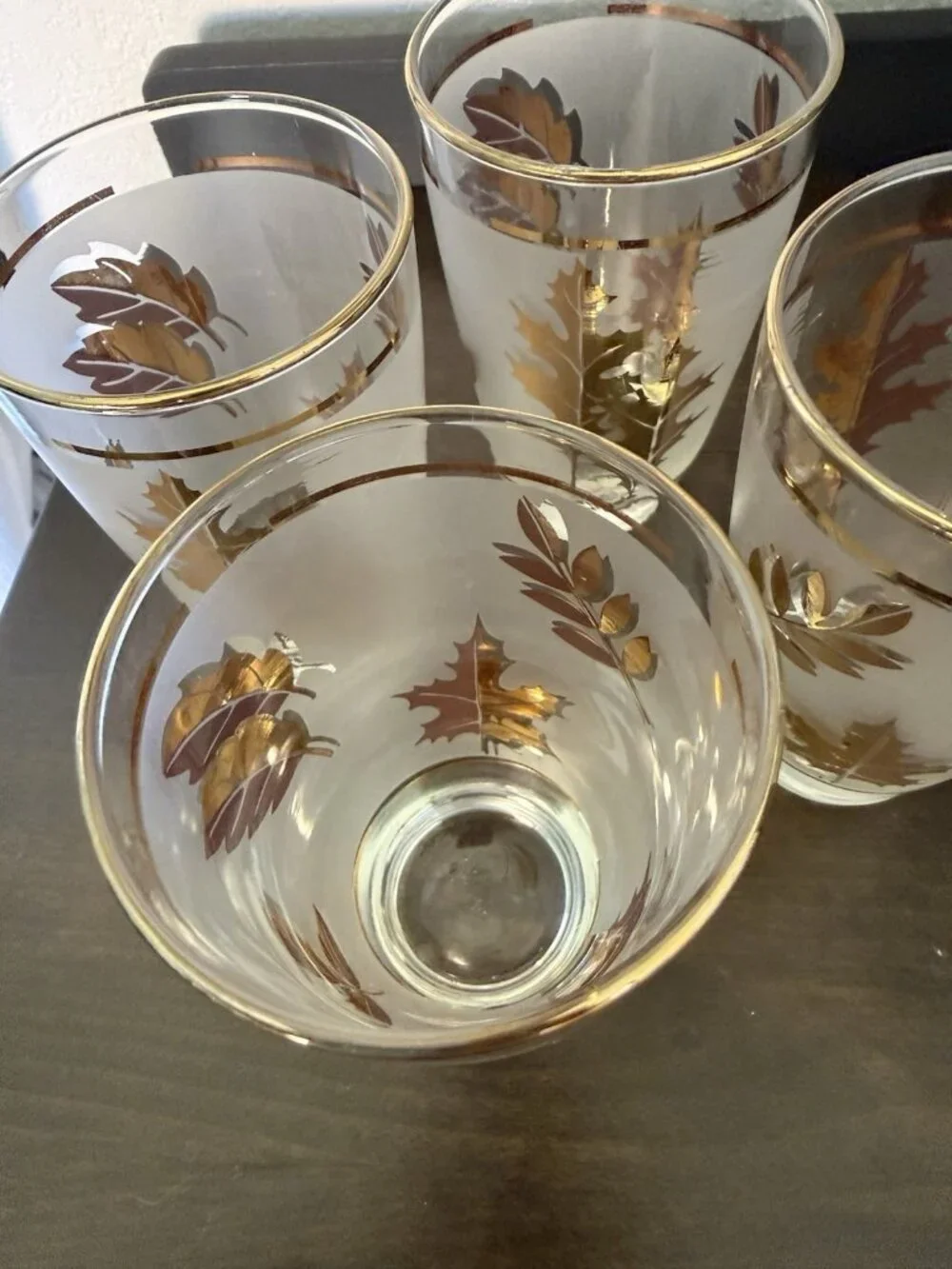 5 Vintage Libby Glass Company Tumblers Golden Foliage Pattern Frost Finish 22K